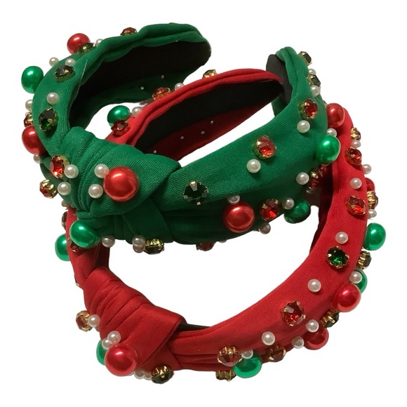 Christmas Non-Slip Headband Top Knotted with Faux Pearl & Rhinestones - Picture 1 of 4